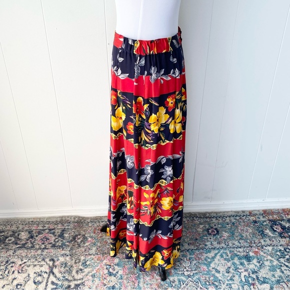 Silk Maxi Skirt Size Large FUDA Vintage Vibrant Red Yellow Blue Floral Tropical - Picture 9 of 16